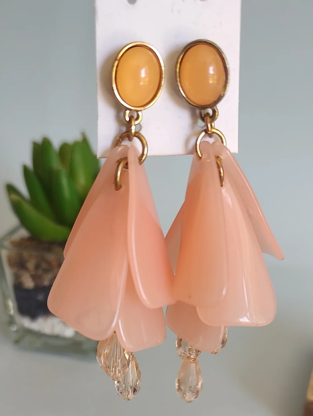 Avon Peach Petal Dangle Earrings - Peach and Clear